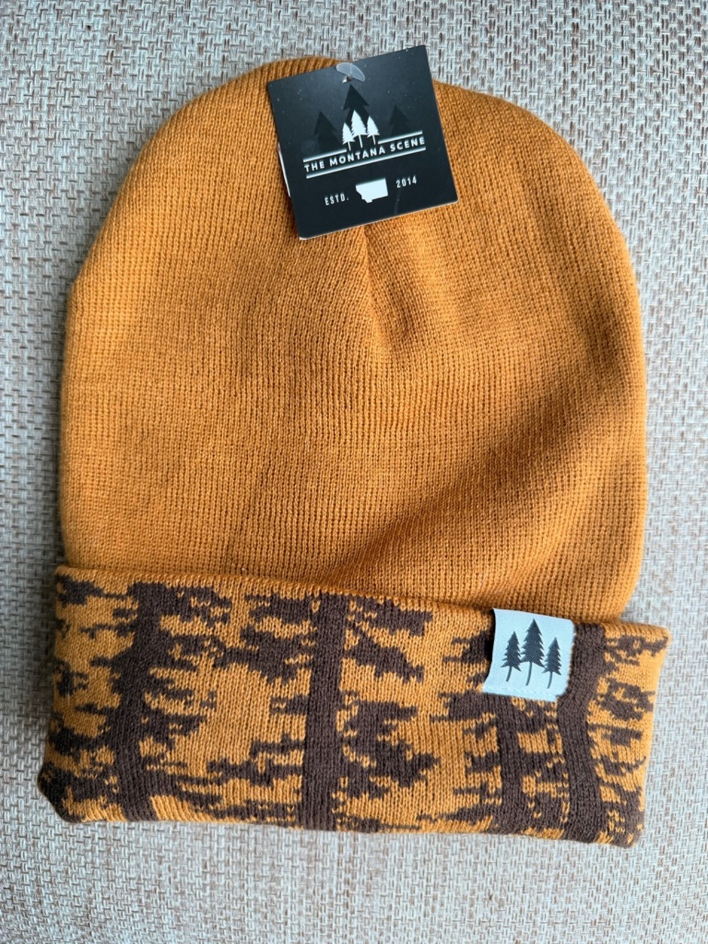 Mustard Beanie with Tree-Pattern Cuff